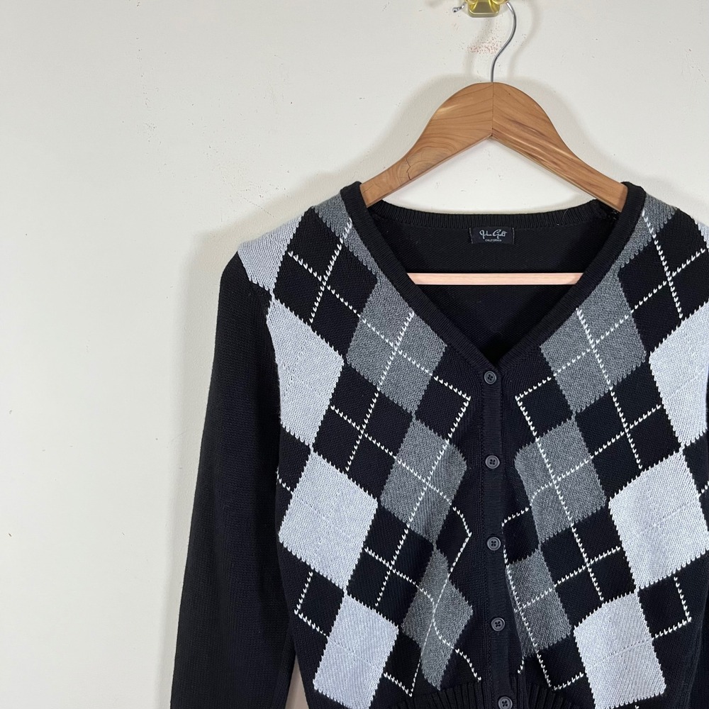 Brandy Melville John Galt Argyle Cropped V-Neck Knit Cardigan Sweater Cotton - Picture 3 of 5